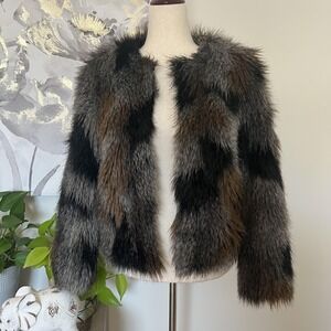 H&M Divided Faux Fur Jacket Womens 6 Brown Gray Black Animal Print Shaggy Boho